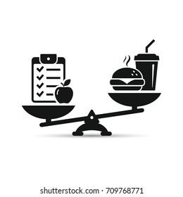 Scales with checklist and fast food icon. Balance between healthy and unhealthy food. Vector.