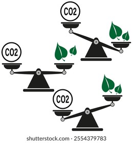 Scales with CO2 and leaves. Carbon balance icon. Ecology and nature symbol. Green and black element.