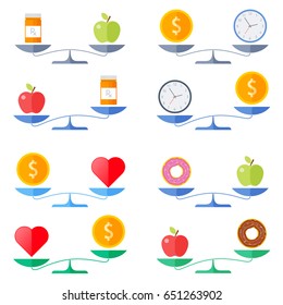 Scales with coin and heart, apple and donut, money and clock, healthy food and pills symbols. Flat concept illustration of balance, libra with wealth, health, time icons. Isolated vector elements.