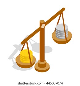 Scales with coins icon in isometric 3d style isolated on white background. Money and measurement symbol