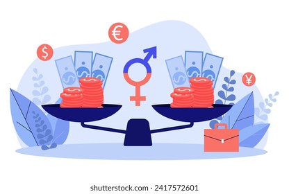 Escalas con monedas y dinero, ilustración vectorial de los símbolos Venus y Mars. Maletín y signos de moneda en segundo plano. Representación equitativa de la remuneración, concepto de finanzas