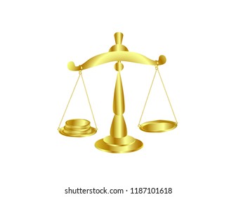 Scales and coins on white background