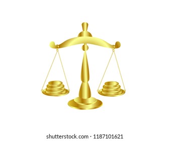 Scales and coins on white background