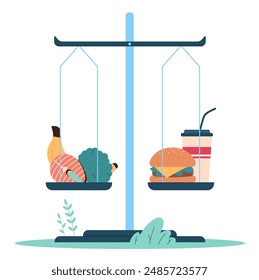 Scales comparing healthy food and fast food, symbolizing the balance between nutrition and unhealthy eating habits. Visual elements include fruits, vegetables, burger, and drink vector illustration