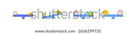 Scales comparing time, money, and idea values in 3d vector illustration style. Business concept on white background.