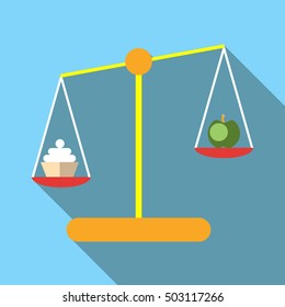 Scales with cookies and apple icon. Flat illustration of scales with cookies and apple vector icon for web