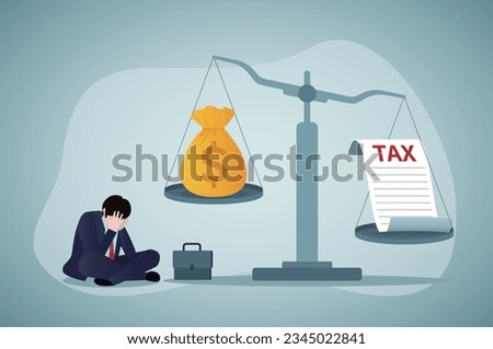 Scales, debt and taxes outweigh income. Unhappy businesswoman without money, bankruptcy. Tax avoidance. Sad character, business problem. Financial crisis concept. Flat vector illustration Сток-фото © 