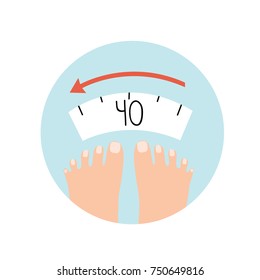 Scales detect weight loss by number and an arrow. Scales and feet. Isolated flat illustration on white backgroud. Cartoon vector image.