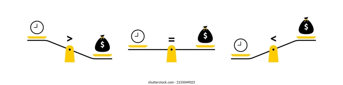 Escalas con un equilibrio diferente. El concepto de ponderación de tiempo y dinero para encontrar un equilibrio en la vida. El tiempo es dinero. Ilustración vectorial.