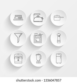 scales digital for food, Tea kettle, cooking pan, Filter and oven line icons on plate illustration set