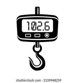 Scales with display. Hook for hanging the load. Digital weight indicator. Measuring device in a meat shop. Trade simple style detailed logo icon vector illustration isolated.