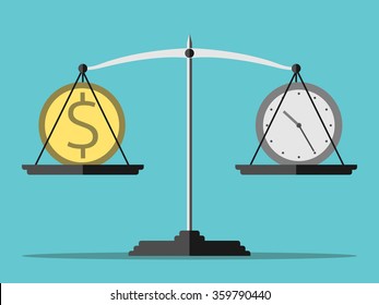 Scales with dollar coin and clock. Time and money concept. EPS 8 vector illustration, no transparency