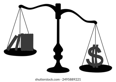 Scales with dollar and knowledge symbols, balance between money and knowledge silhouette