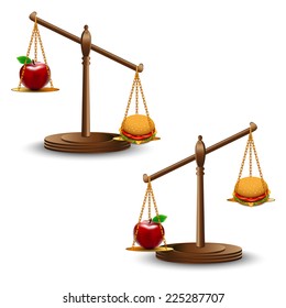 Scales with fast food and organic products. Diet, nutrition, fitness and weight loss or overweight fat.