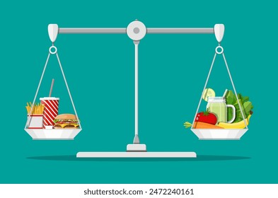 Scales with fast food and organic products. Diet, nutrition, fitness and weight loss or overweight fat. Greasy cholesterol vs. vitamins from fruits vegetables. Food choice. Flat vector illustration