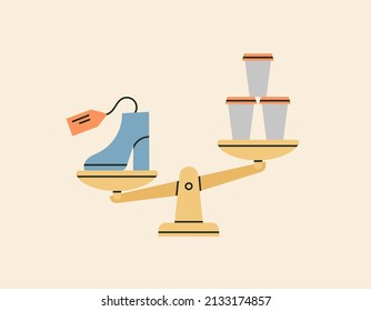 Scales with financial symbols. Good choice - larger and more important purchases instead of rash ones. Self budget and economy. Income, savings, deposit, finance planning. Vector illustration