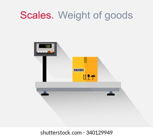 Scales flat design. Weight of goods. Box and cargo, package and freight, parcel and product, load packaging,  order and import, logistic and distribution illustration