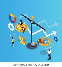 Scales with food and gold coins. Goods and services costs 3d isometric vector illustration concept for banner, website, landing page, ads, flyer template