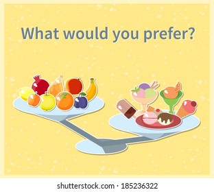 Scales with fruit and ice-cream. Bright vector pictures.