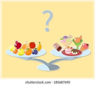 Scales with fruit and ice-cream. Bright vector pictures.