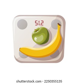 Scales with fruits. Sport, fitness, training at home, slimming, workout concept. Isolated vector illustration.