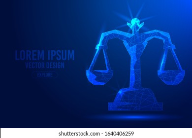 Scales geometric lines, low poly style wireframe vector banner template. Isolated Business, court, justice, horoscope concept blue background polygonal 3d abstract.