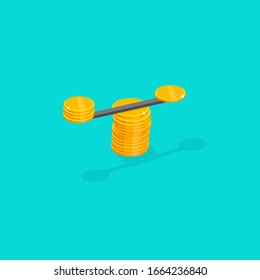 Escalas con monedas de oro y pilas de monedas. Balance o cambio de divisas. Justicia, escala de la ley. Ilustración vectorial sobre fondo azul.