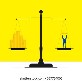 Scales with gold coins on one side and a businessman holding a gold key on the other. Owning a key point will make you a lot of money.