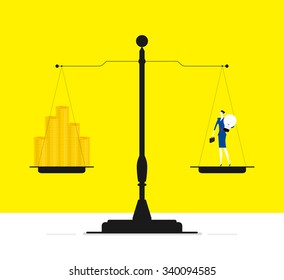 Scales with gold coins on one side and a businesswoman holding a bulb on the other. Creating a good idea point will make you a lot of money.