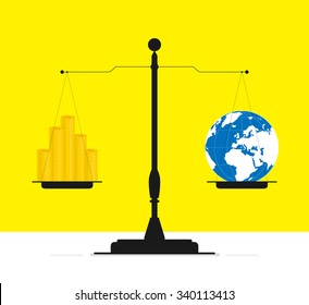 Scales with gold coins on one side and a earth on the other. Grasping the global passage you will make a lot of money.