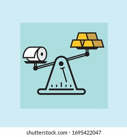 Scales with gold and a toilet paper fun vector illustration of coronavirus supermarket panic 