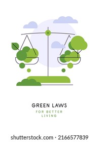 Scales with green plants and tree. Green laws for better living. Eco-friendly concept. Poster, flat illustration. Vector file.