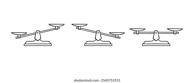 Escalas dibujadas a mano doodle elemento. Icono de contorno de escalas. Cuencos de escamas de libra en equilibrio, un desequilibrio de escamas. Ilustración vectorial