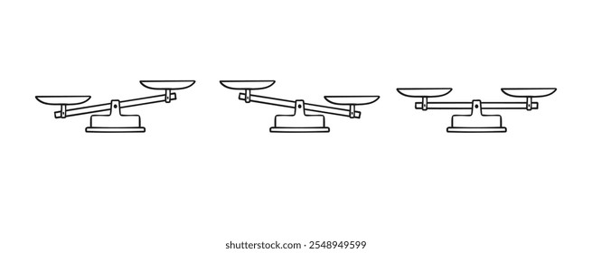 Escalas dibujadas a mano doodle elemento. Icono de contorno de escalas. Cuencos de escamas de libra en equilibrio, un desequilibrio de escamas. Ilustración vectorial