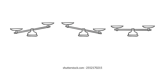 Escalas dibujadas a mano doodle elemento. Icono de contorno de escalas. Cuencos de escamas de libra en equilibrio, un desequilibrio de escamas. Ilustración vectorial