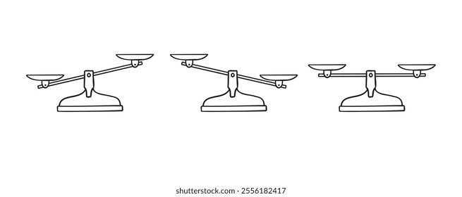 Scales hand drawn doodle element. Scales outline icon. Bowls of libra scales in balance, an imbalance of scales. Vector illustration