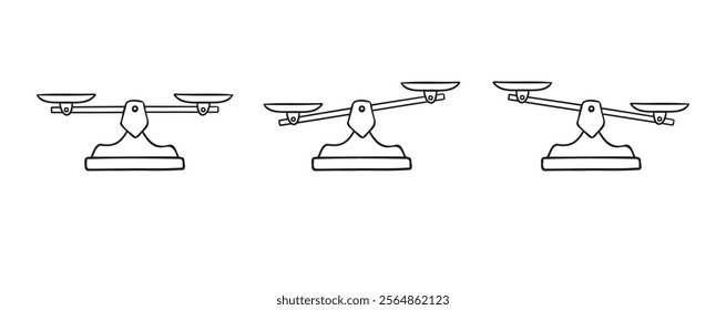 Scales hand drawn doodle element. Scales outline icon. Bowls of libra scales in balance, an imbalance of scales. Vector illustration