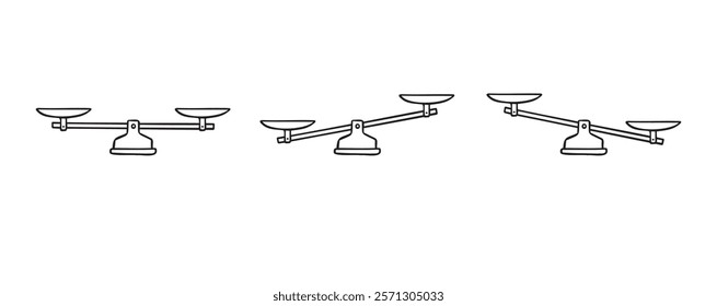 Scales hand drawn doodle element. Scales outline icon. Bowls of libra scales in balance, an imbalance of scales. Vector illustration