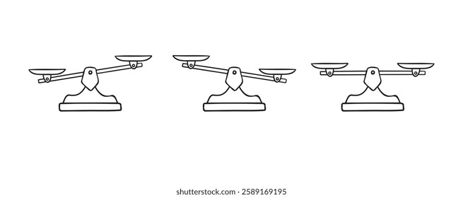 Scales hand drawn doodle element. Scales outline icon. Bowls of libra scales in balance, an imbalance of scales. Vector illustration