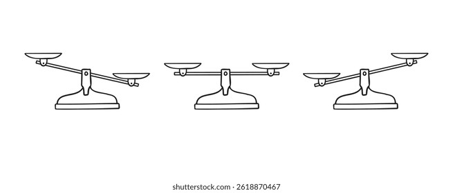 Scales hand drawn doodle element. Scales outline icon. Bowls of libra scales in balance, an imbalance of scales. Vector illustration