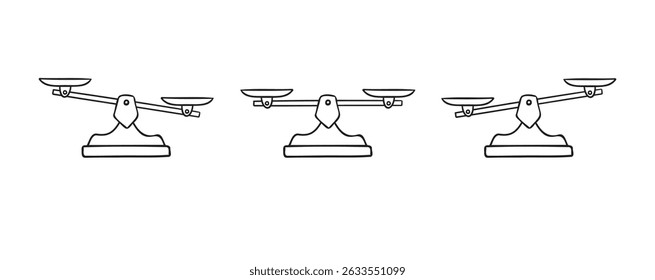 Scales hand drawn doodle element. Scales outline icon. Bowls of libra scales in balance, an imbalance of scales. Vector illustration