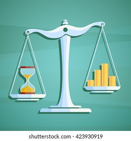 Scales with a heap gold coins and hourglass. Stock vector illustration.