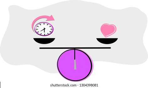 Scales, hearts and time in icons, concept, balance The choice for simple reasons, purple flat vector design,