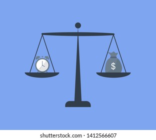 Scales with hours and a bag with money. Concept time and money. Balance between work and the given time. Vector illustration in flat style. 