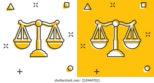 Scales icon in comic style. Libra cartoon vector illustration on isolated background. Mass comparison splash effect sign business concept.