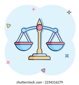 Scales icon in comic style. Libra cartoon vector illustration on isolated background. Mass comparison splash effect sign business concept.