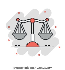 Scales icon in comic style. Libra cartoon vector illustration on isolated background. Mass comparison splash effect sign business concept.