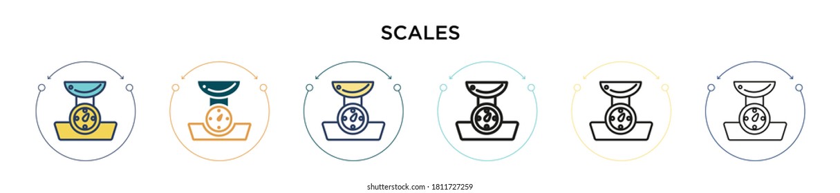Scales icon in filled, thin line, outline and stroke style. Vector illustration of two colored and black scales vector icons designs can be used for mobile, ui, web