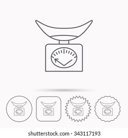 Scales icon. Kitchen weighing tool sign. Linear circle, square and star buttons with icons.