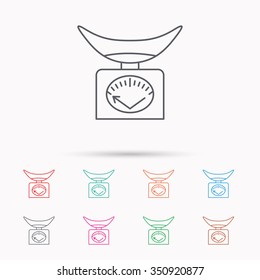 Scales icon. Kitchen weighing tool sign. Linear icons on white background.
